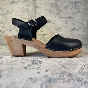 Skola Susannah black wood and leather clogs
